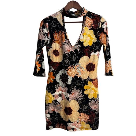 Womens Mini Dress Oriental Retro Print Velvet Bodycon Cut Out Dress Small V Neck - Picture 3 of 13